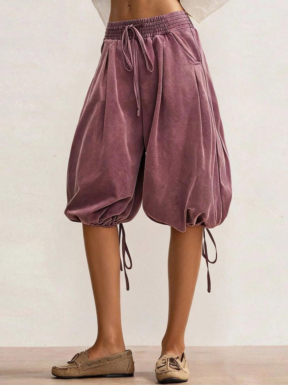 Purple Casual Boho Women's Cargo Pants with Waist Drawstring